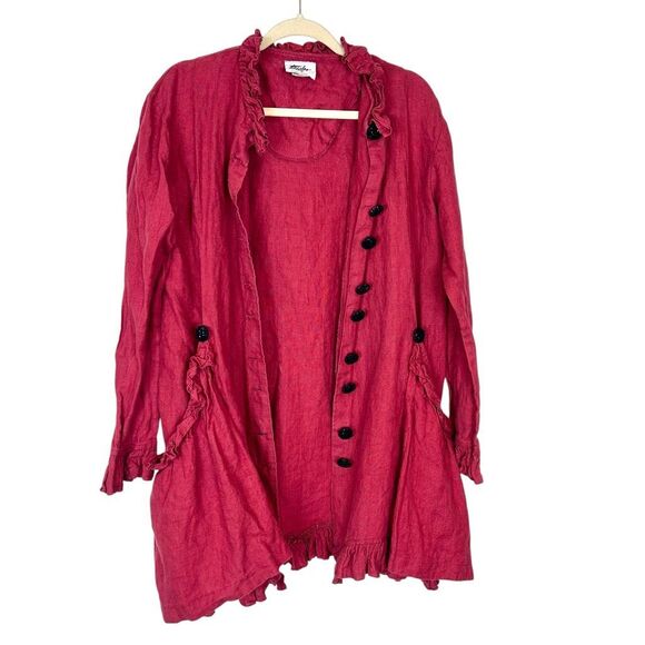 Taylor G Linen Jacket Womens Small Red Button Front Ruffle Trim Lagenlook Coat - Picture 2 of 13